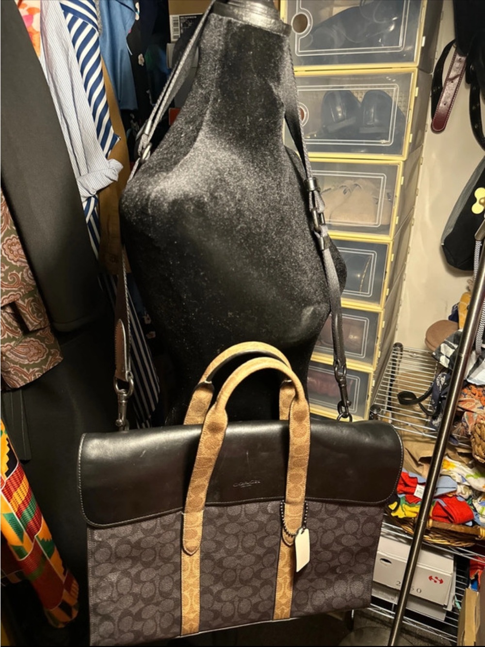Coach Men's Signature Canvas Briefcase with Black Leather Trim and Tan Handles
